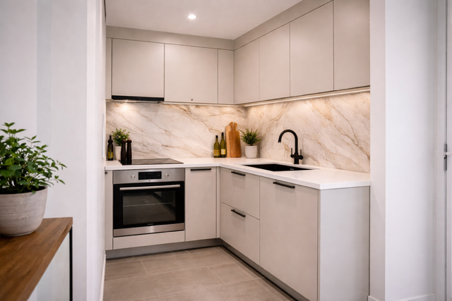 petite cuisine moderne avec meubles clairs et crédence marbre beige