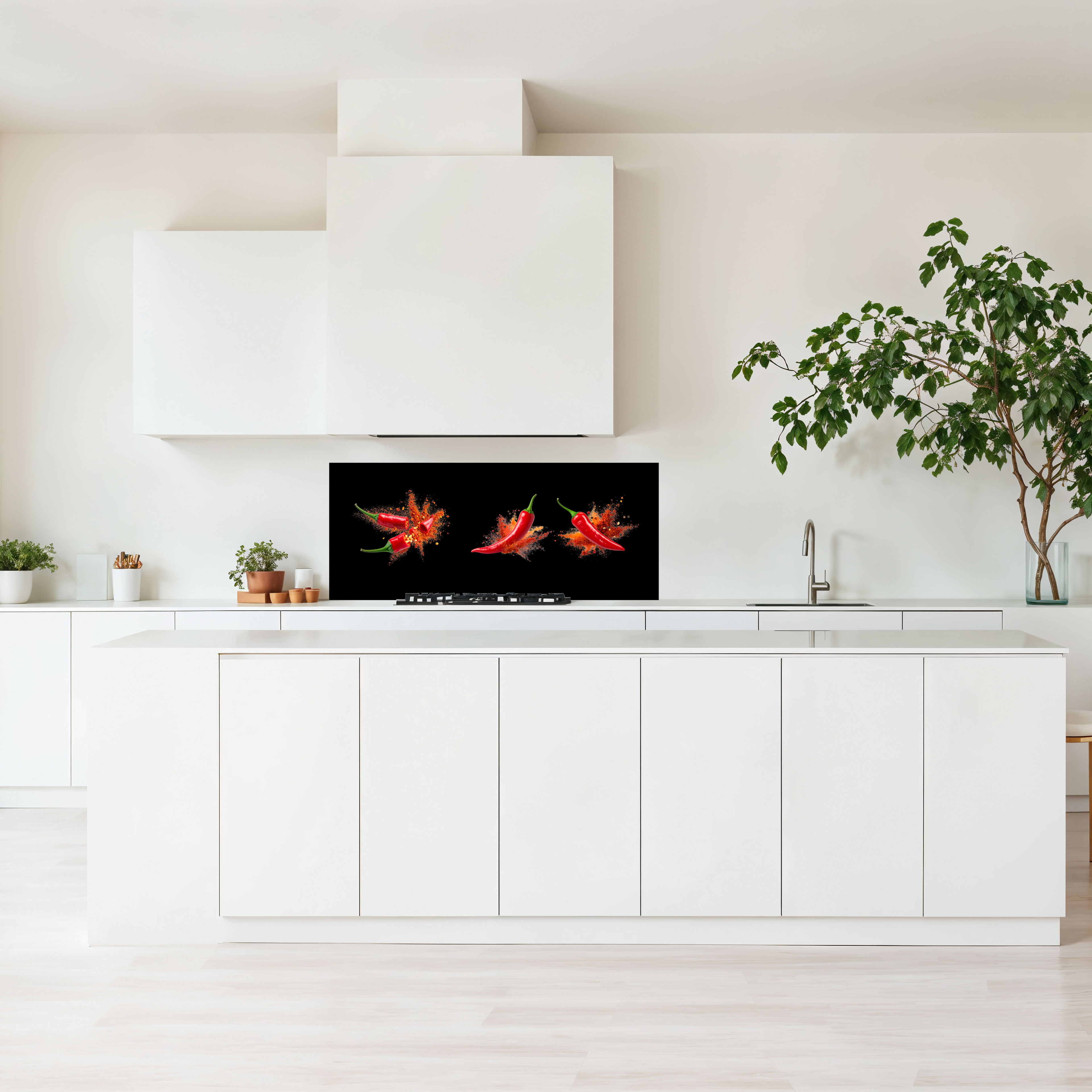 Crédence cuisine imprimée sur dibond fond noir et dessin de piments