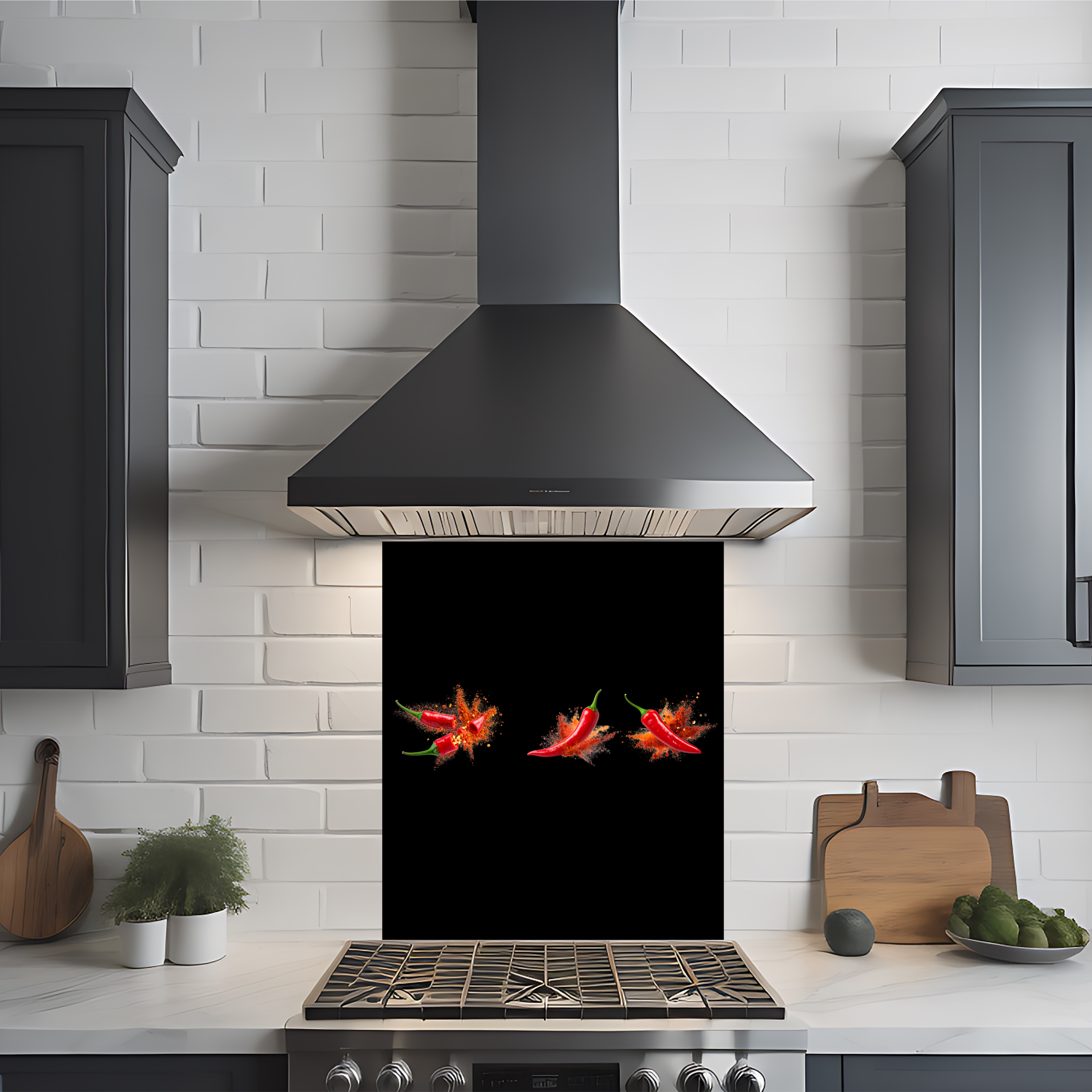 Crédence cuisine imprimée sur dibond fond noir et dessin de piments
