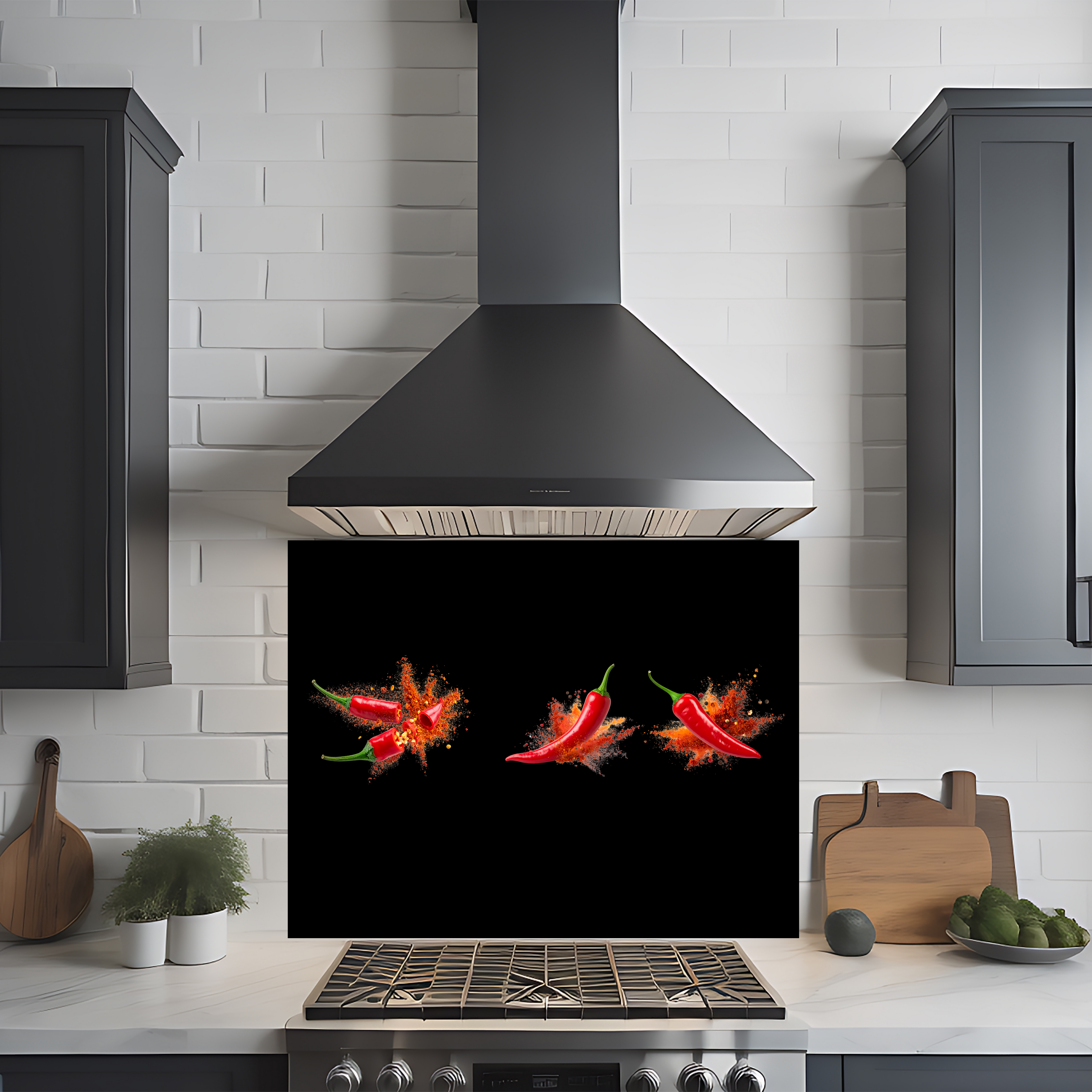 Crédence cuisine imprimée sur dibond fond noir et dessin de piments