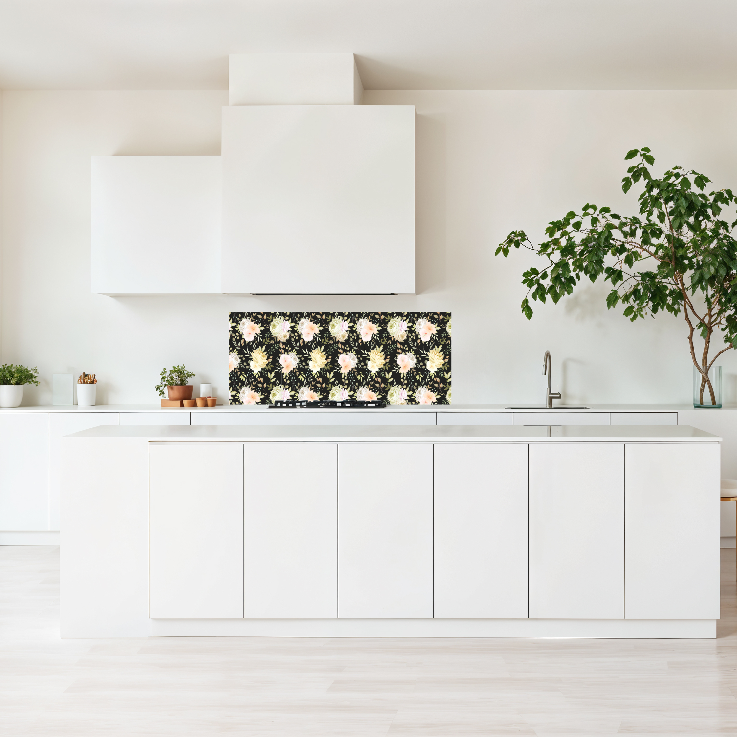 Crédence cuisine imprimée sur dibond fleurs sur fond noir