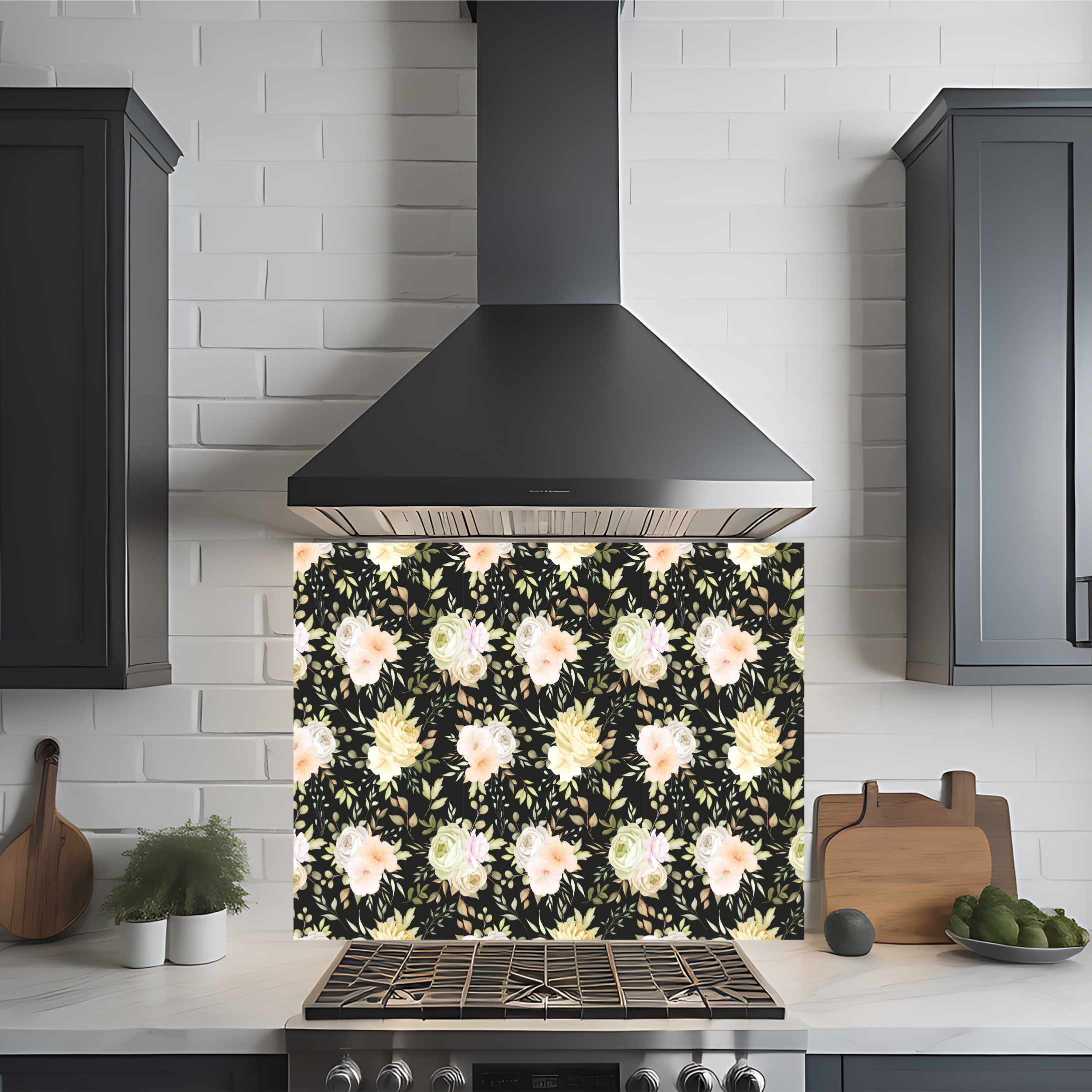 Crédence cuisine imprimée sur dibond fleurs sur fond noir