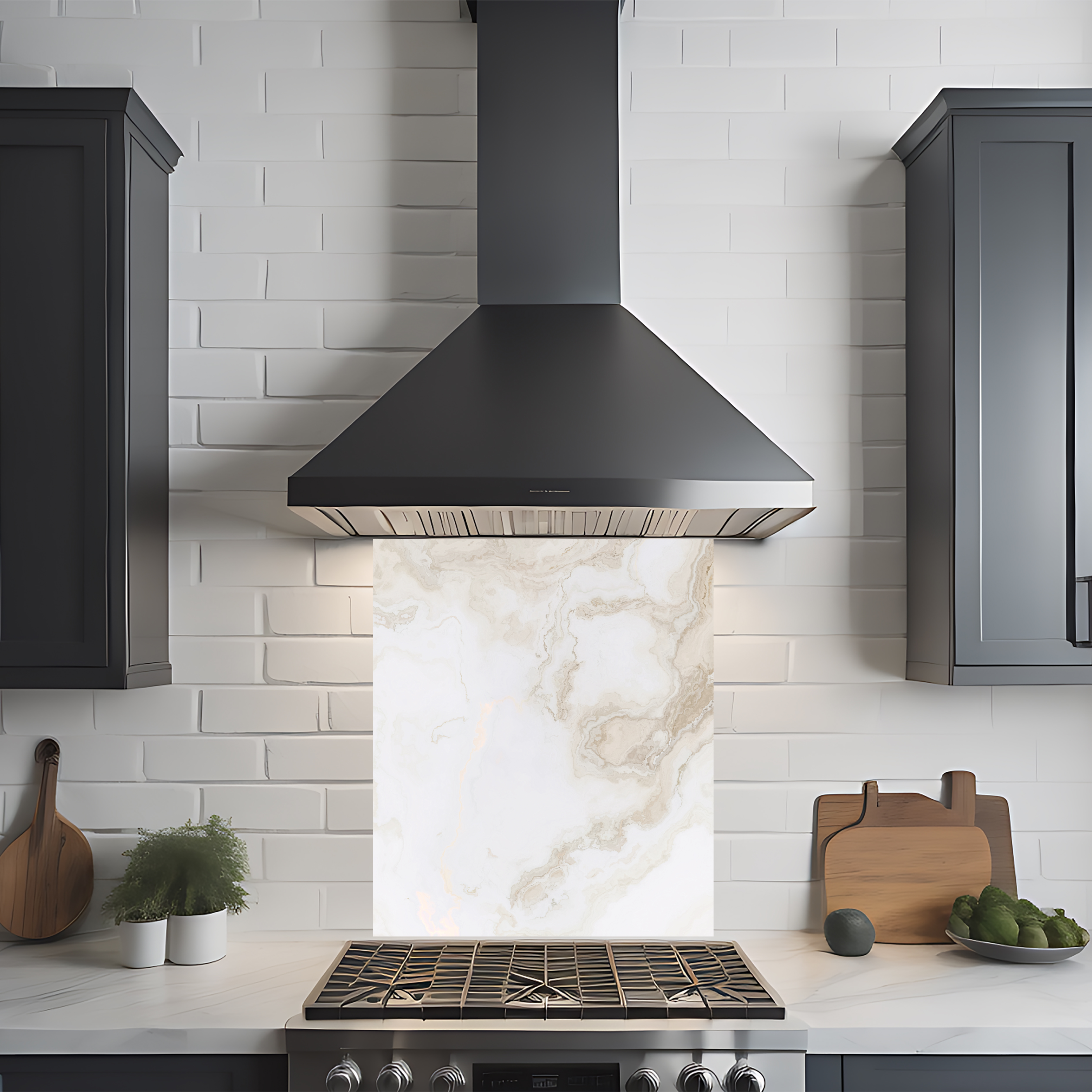 Crédence cuisine imprimée sur dibond effet marbre beige et blanc