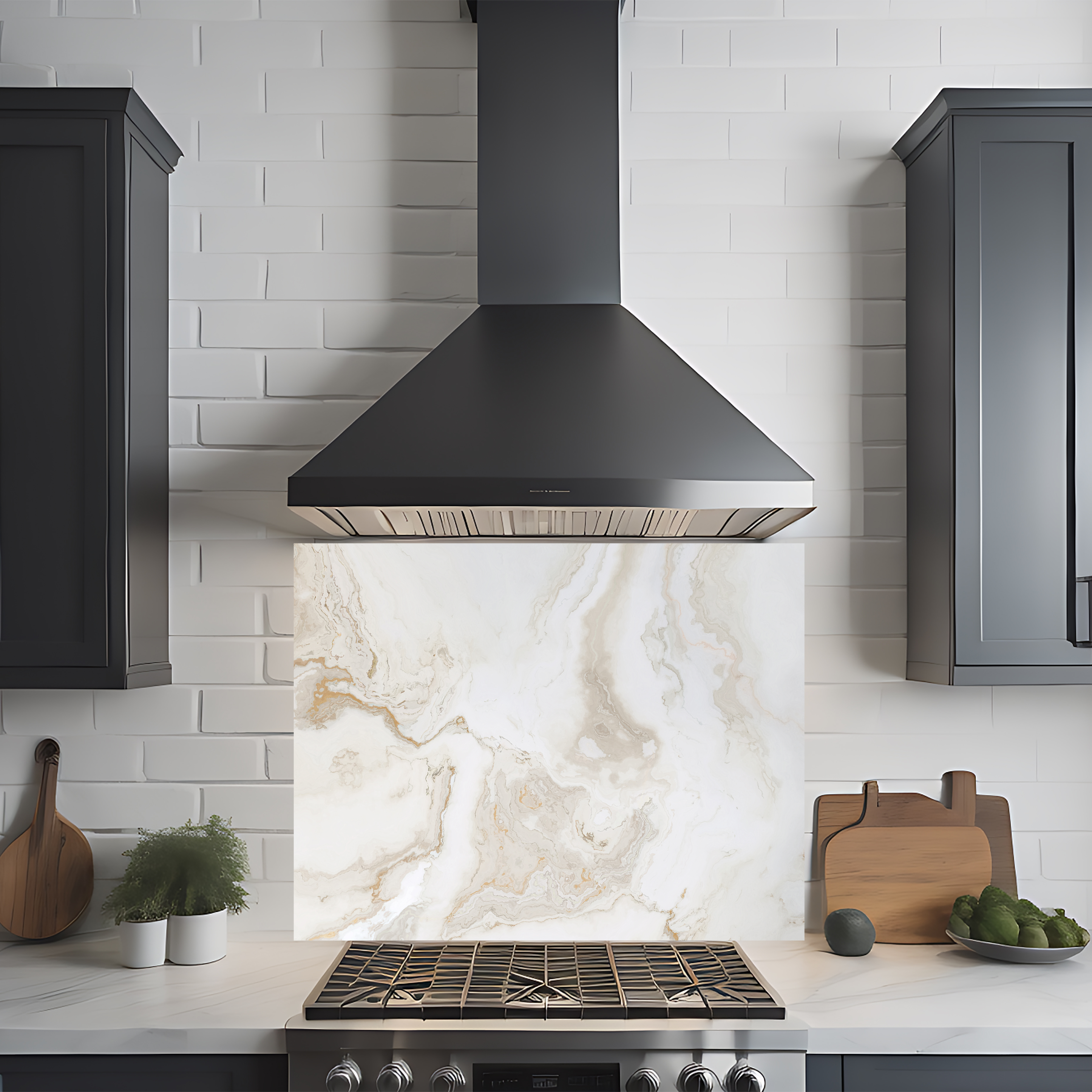 Crédence cuisine imprimée sur dibond effet marbre beige et blanc