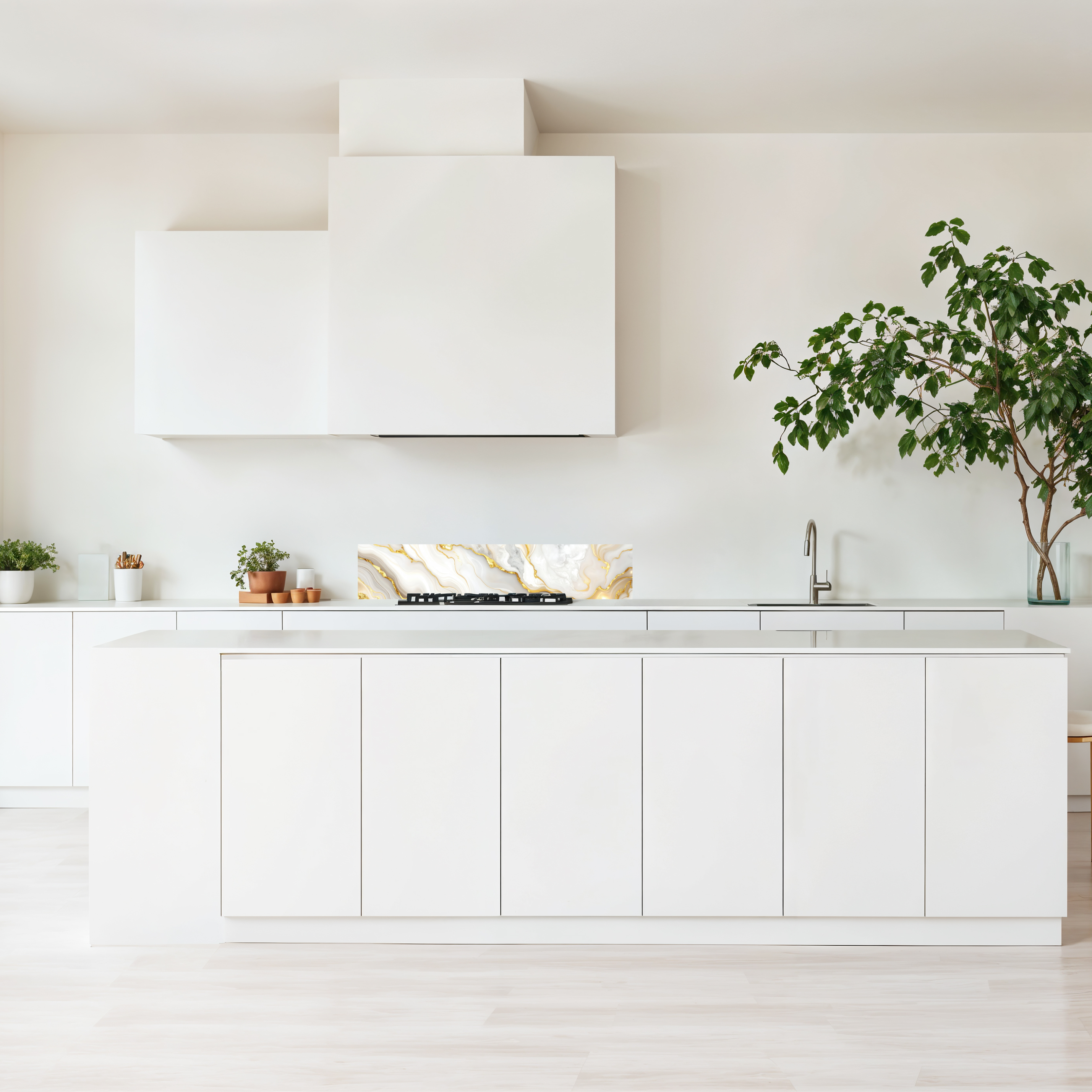 Crédence cuisine imprimée sur dibond effet marbre beige, blanc et doré