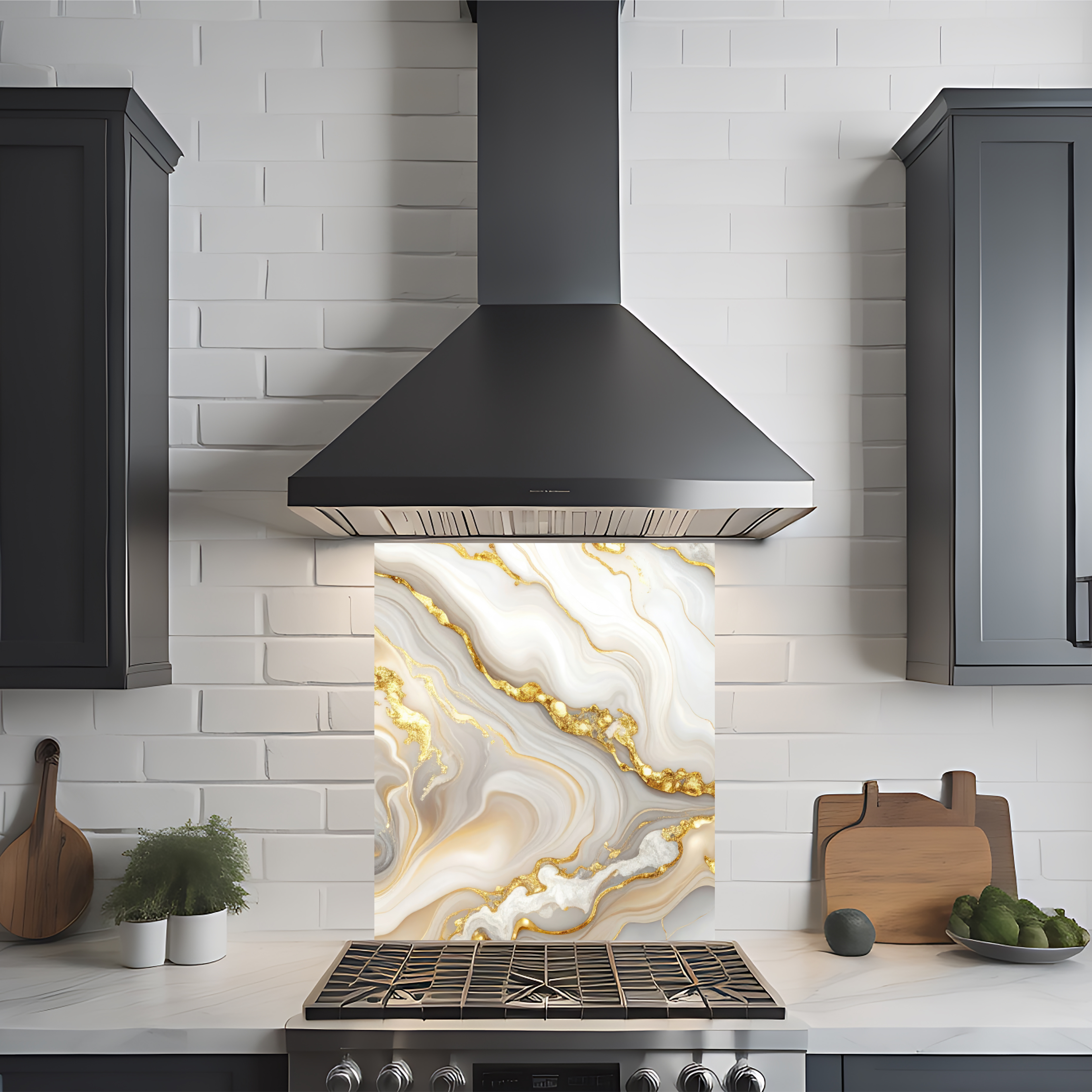 Crédence cuisine imprimée sur dibond effet marbre beige, blanc et doré