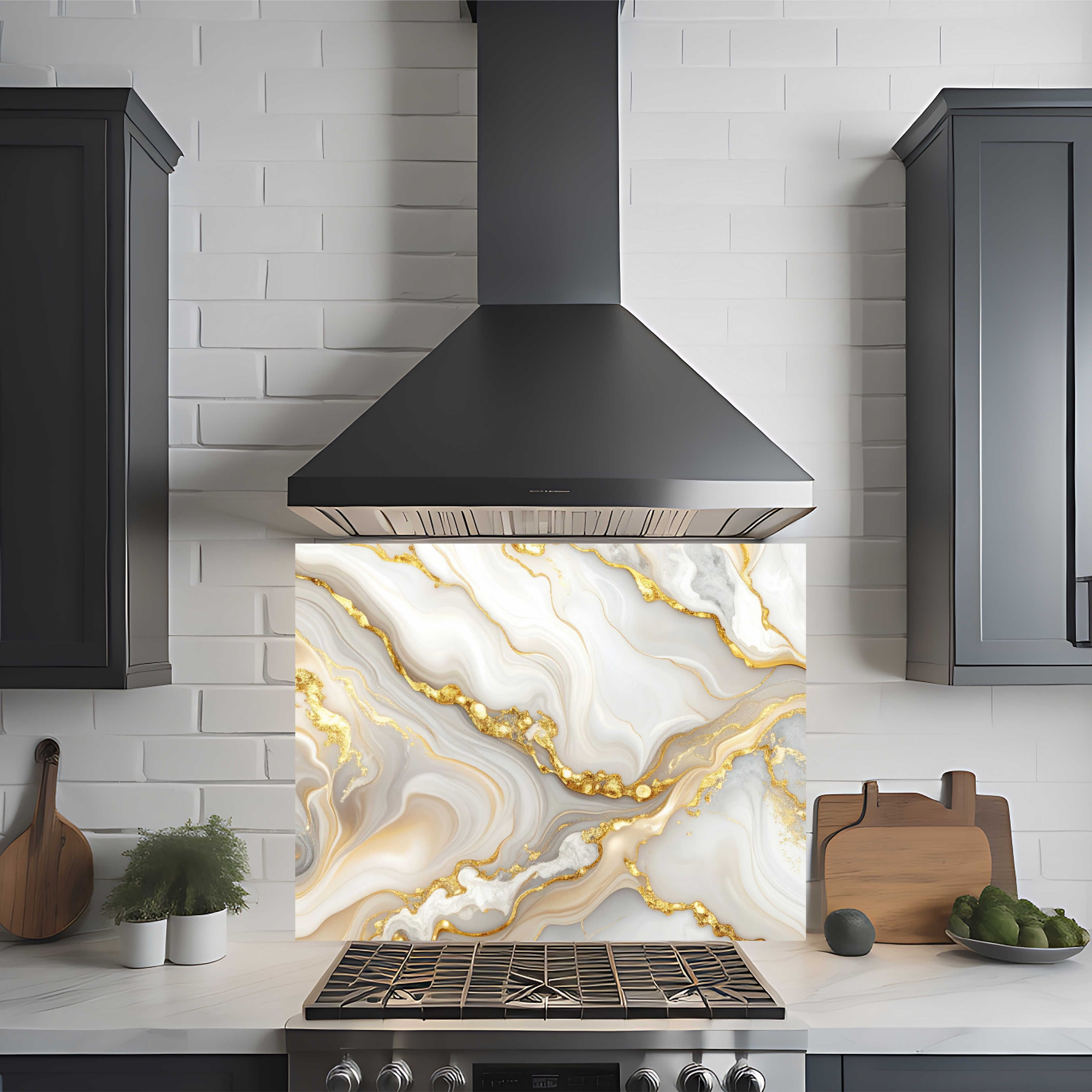 Crédence cuisine imprimée sur dibond effet marbre beige, blanc et doré