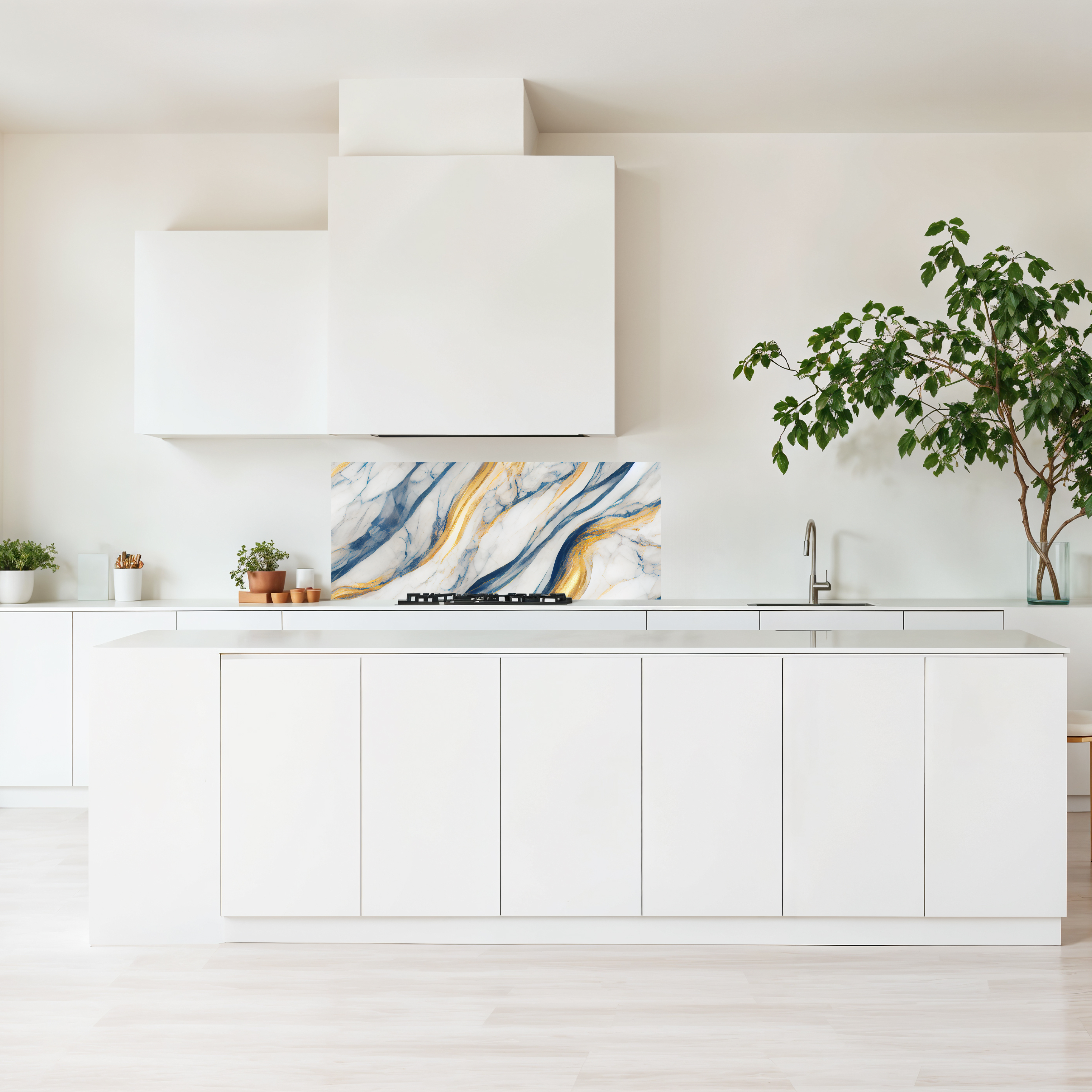 Crédence cuisine imprimée sur dibond effet marbre bleu foncé, blanc et doré