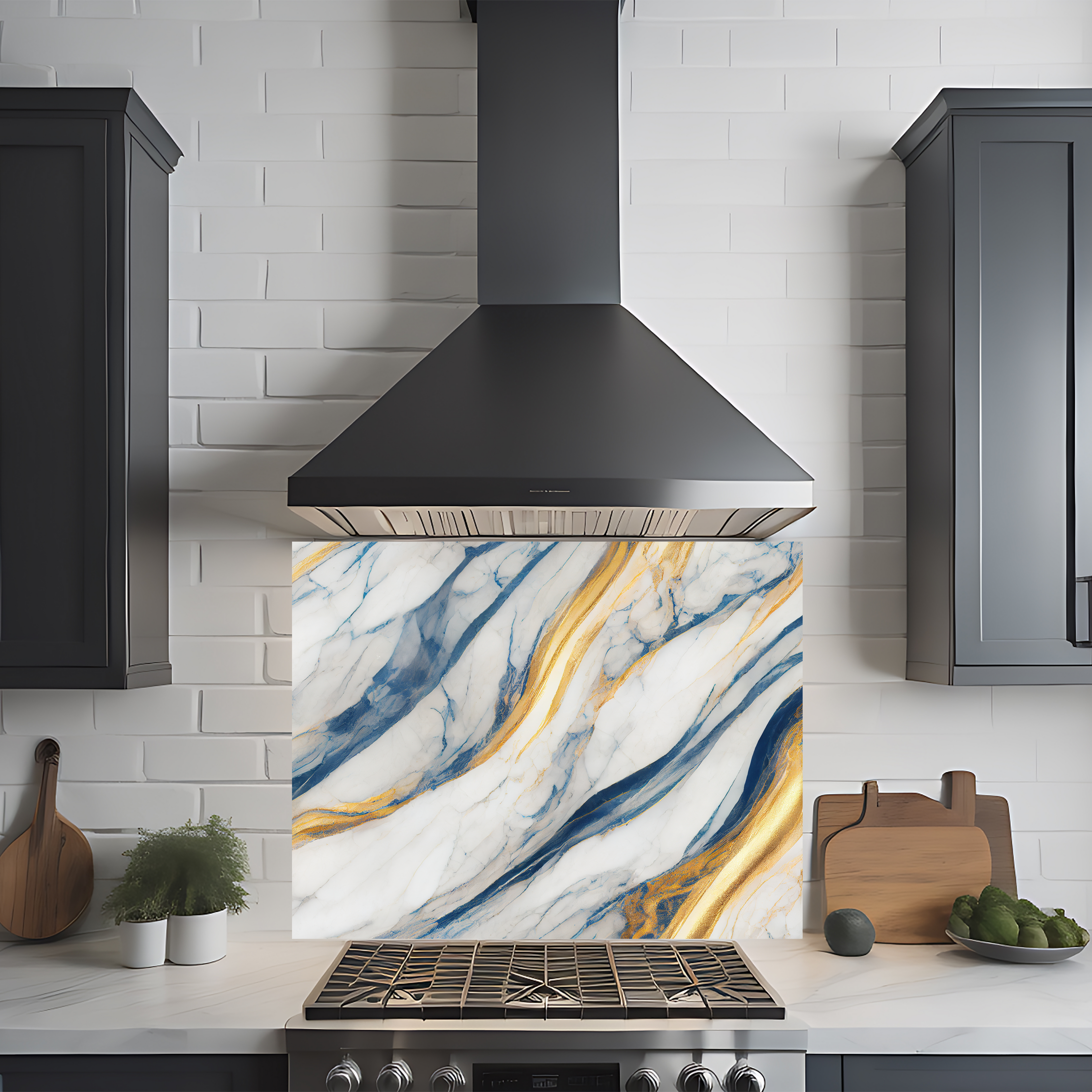 Crédence cuisine imprimée sur dibond effet marbre bleu foncé, blanc et doré