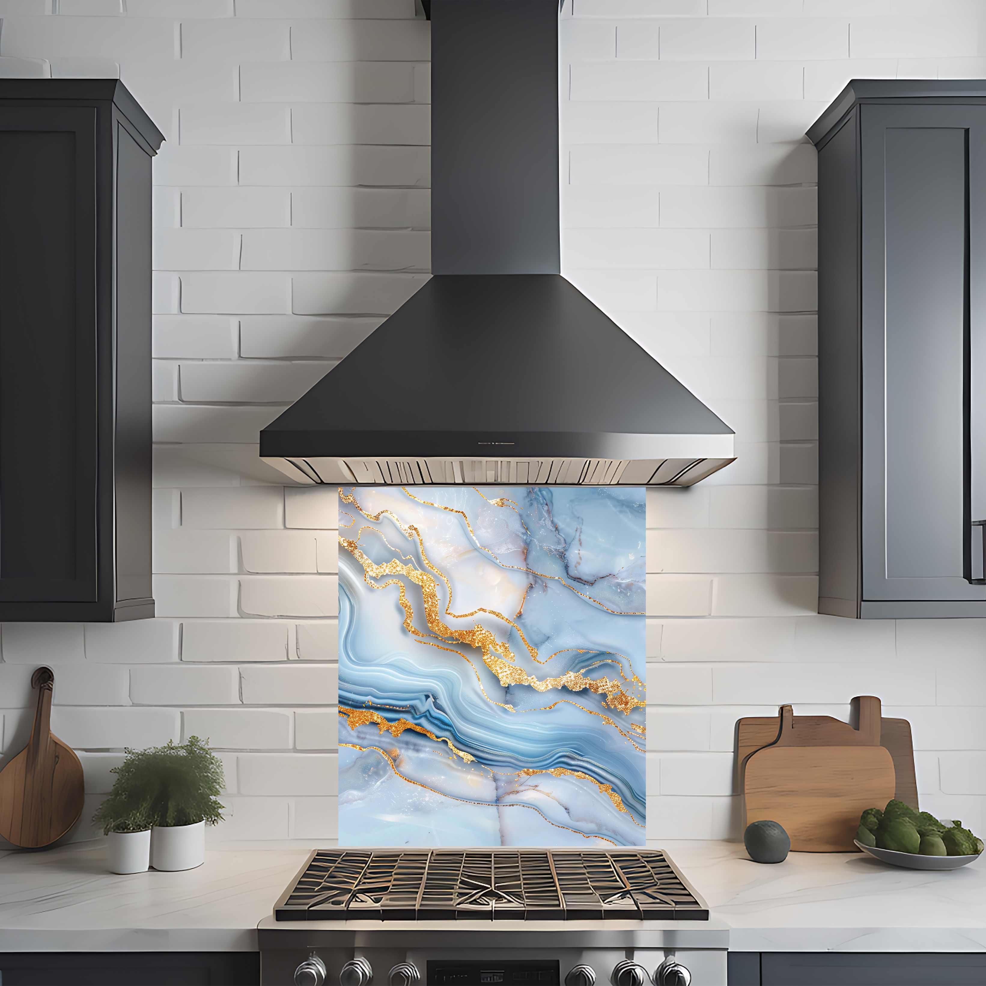 Crédence cuisine imprimée sur dibond effet marbre bleu, blanc et doré