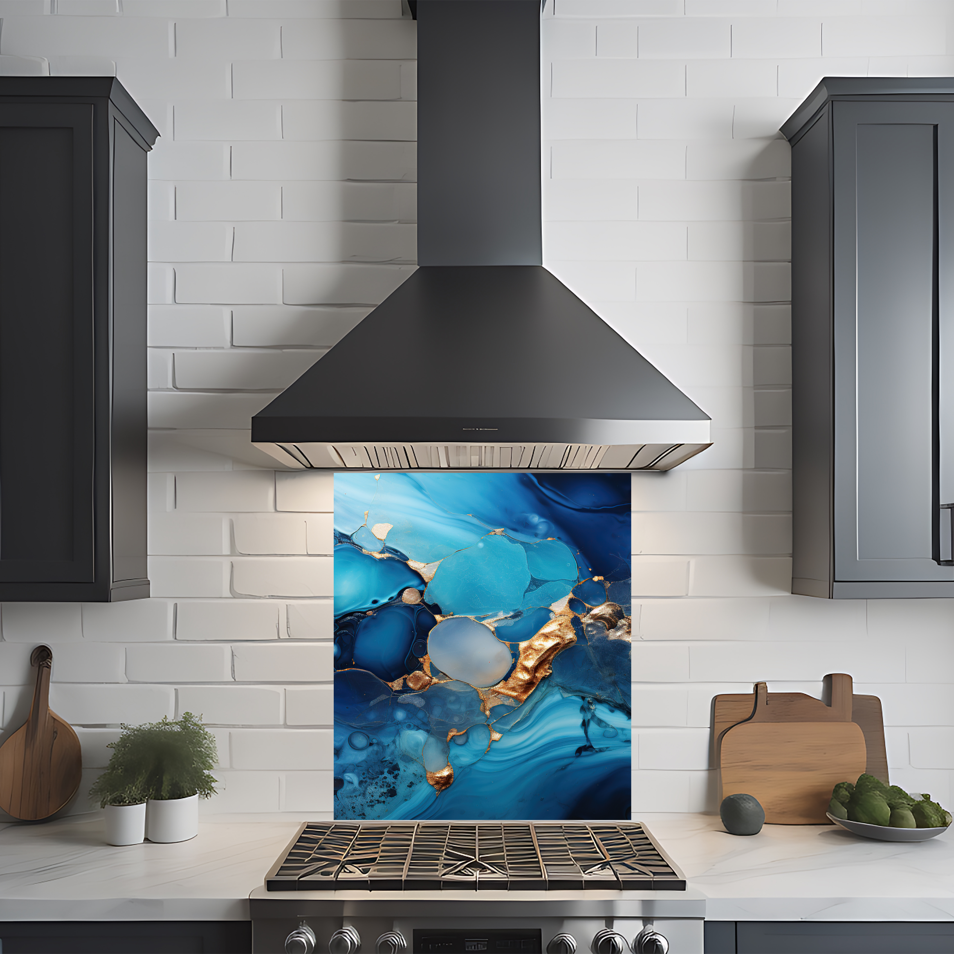 Crédence cuisine imprimée sur dibond effet marbre bleu foncé et doré