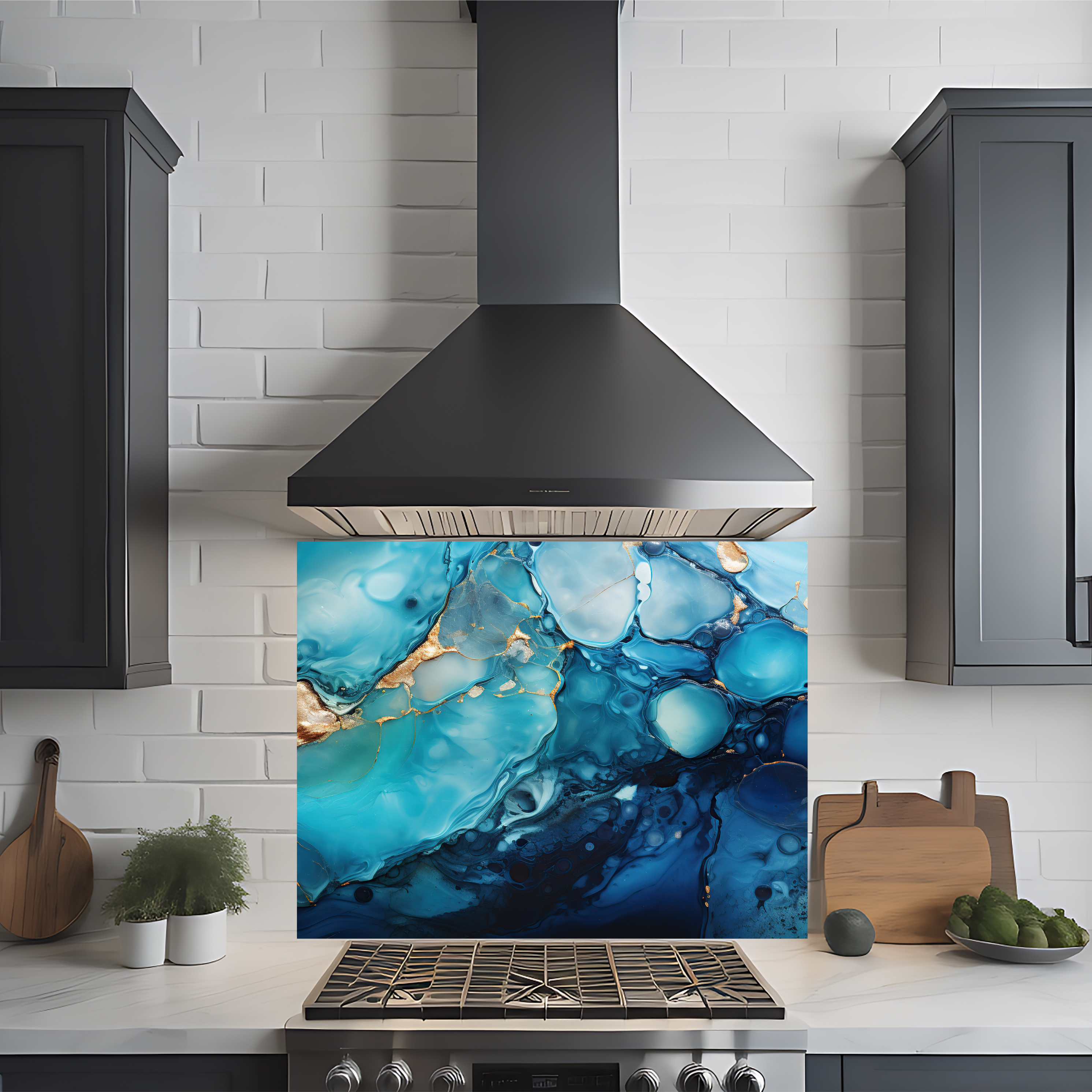 Crédence cuisine imprimée sur dibond effet marbre bleu foncé et doré