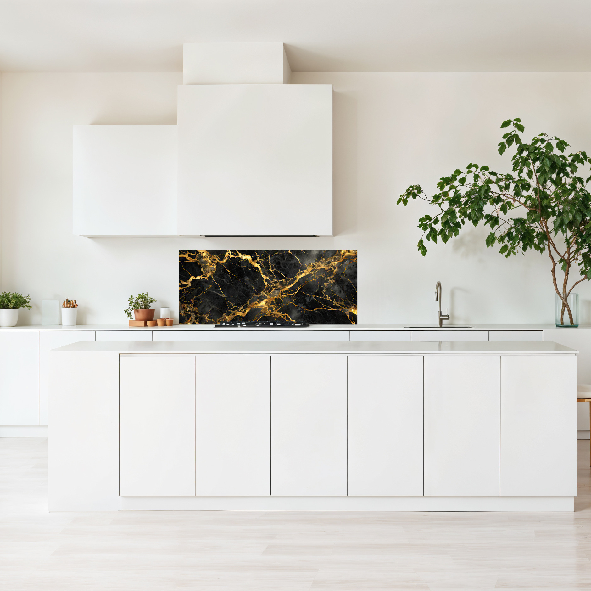 Crédence cuisine imprimée sur dibond effet marbre noir et doré