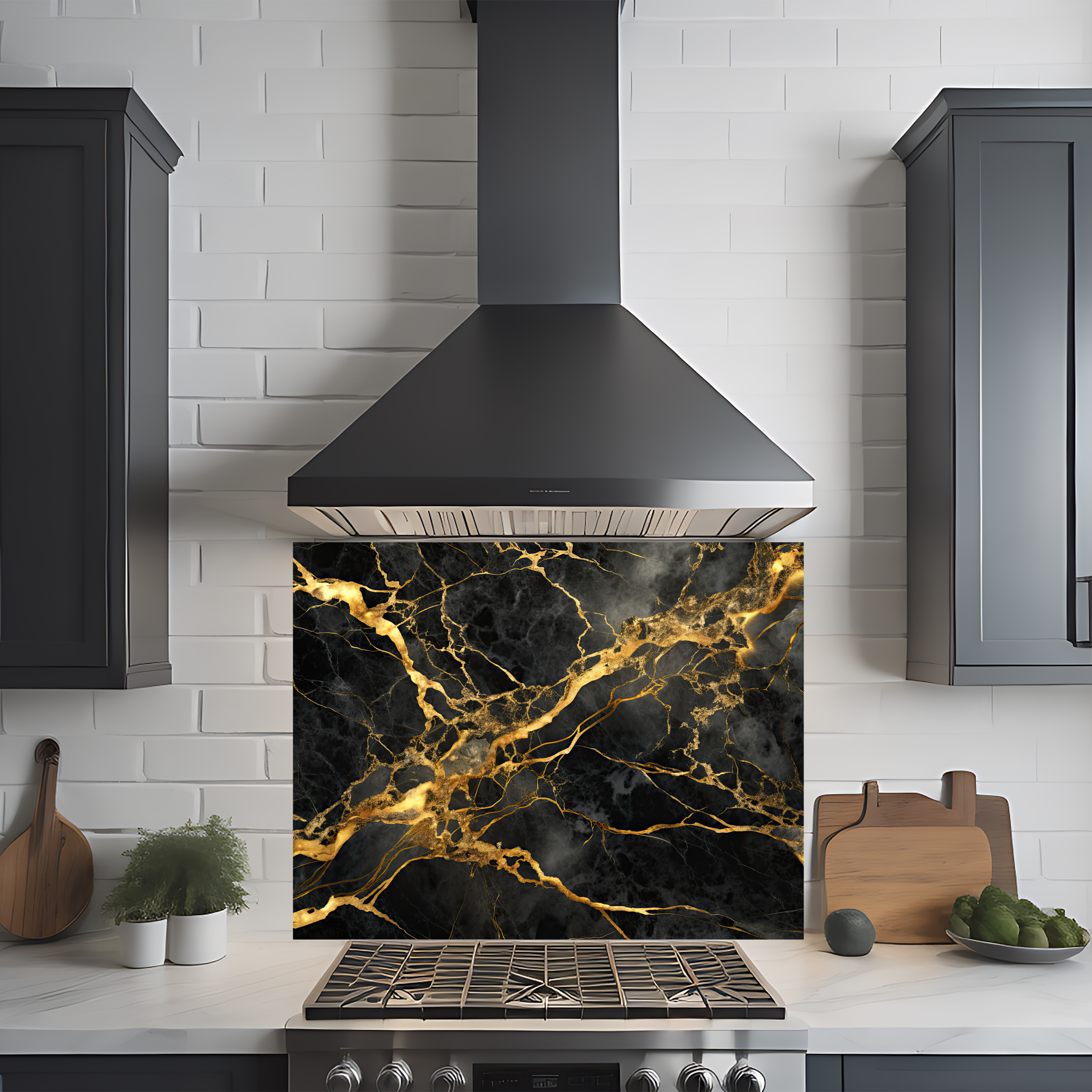 Crédence cuisine imprimée sur dibond effet marbre noir et doré