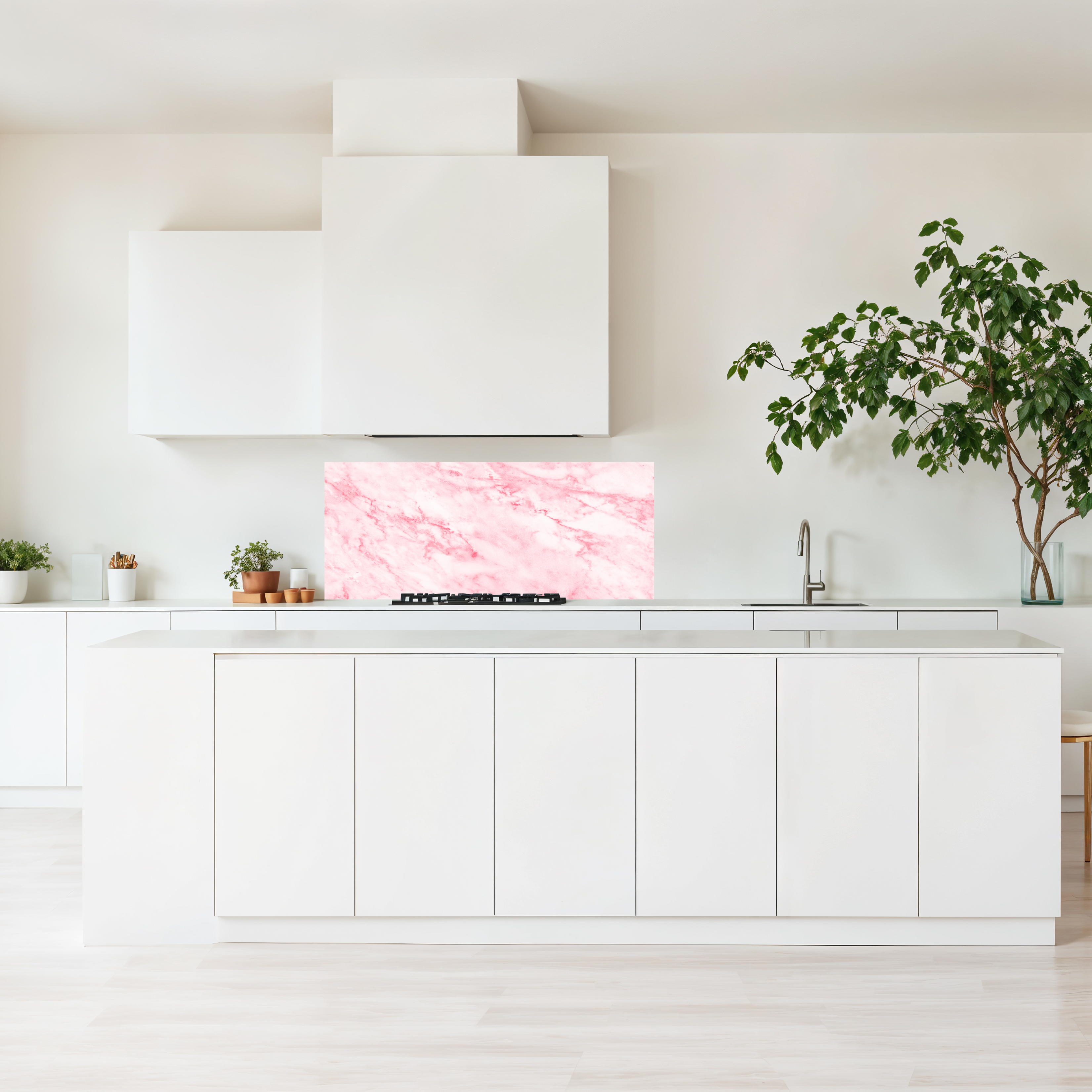 Crédence cuisine imprimée sur dibond effet marbre rose et blanc