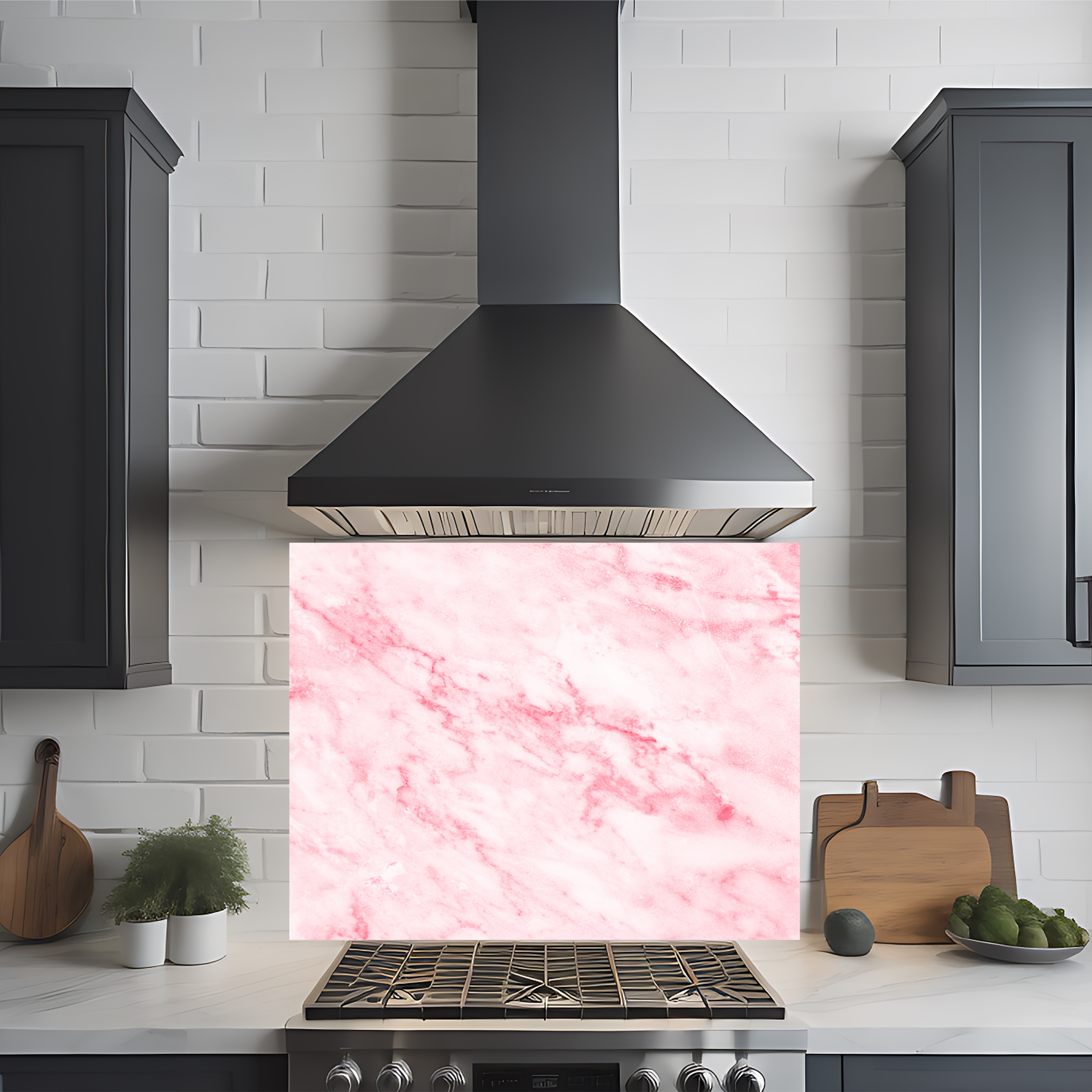 Crédence cuisine imprimée sur dibond effet marbre rose et blanc