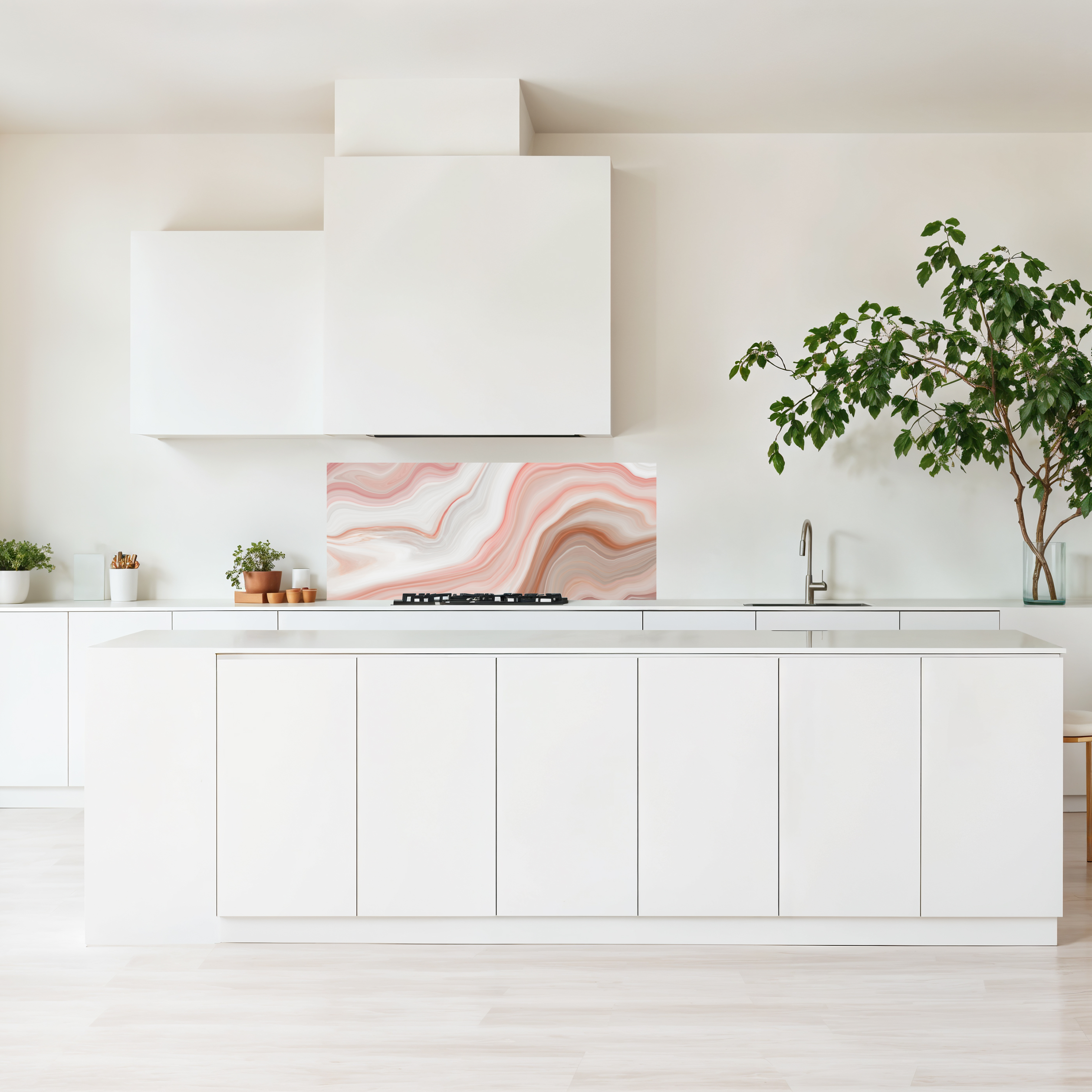 Crédence cuisine imprimée sur dibond effet marbre rose et beige