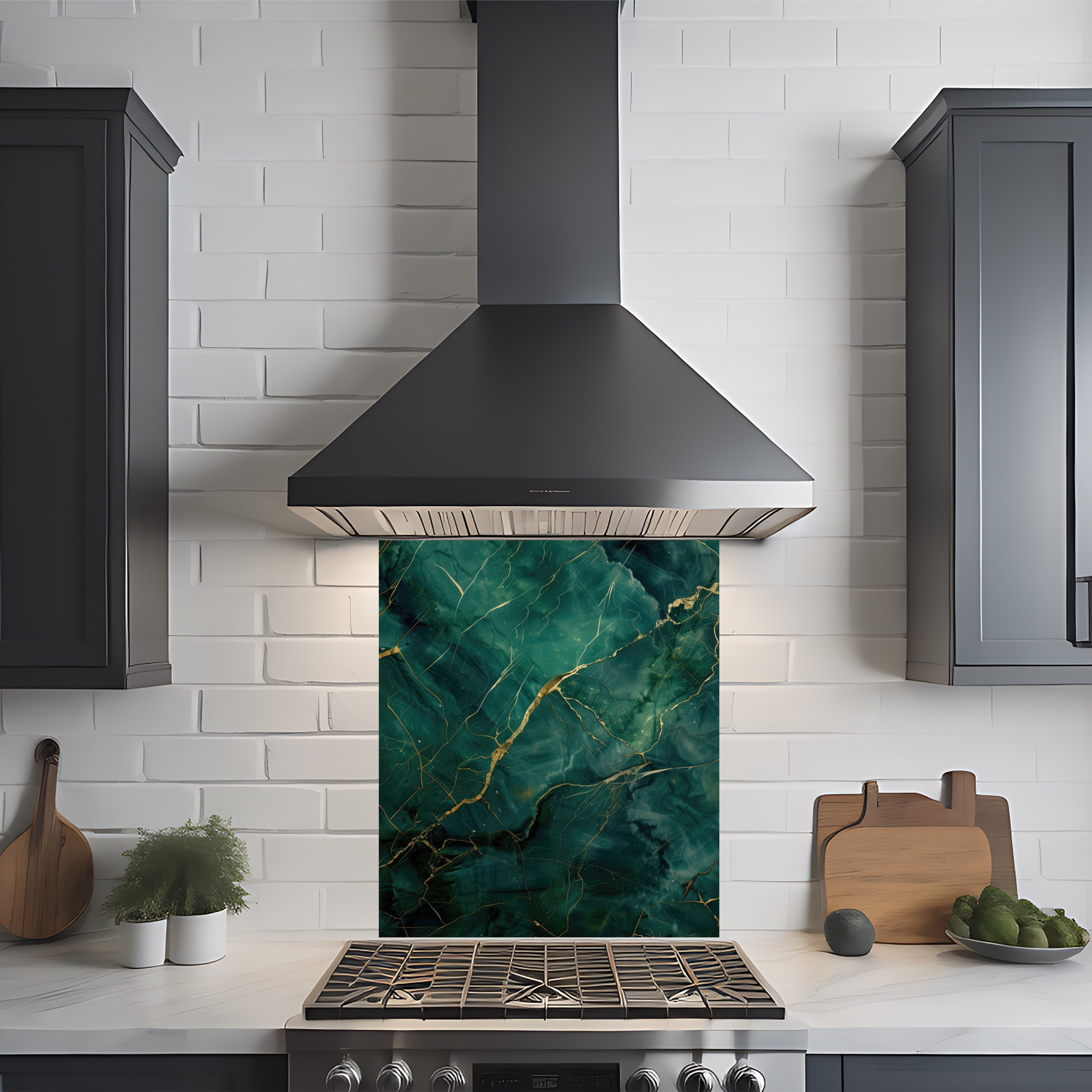 Crédence cuisine imprimée sur dibond effet marbre vert et doré