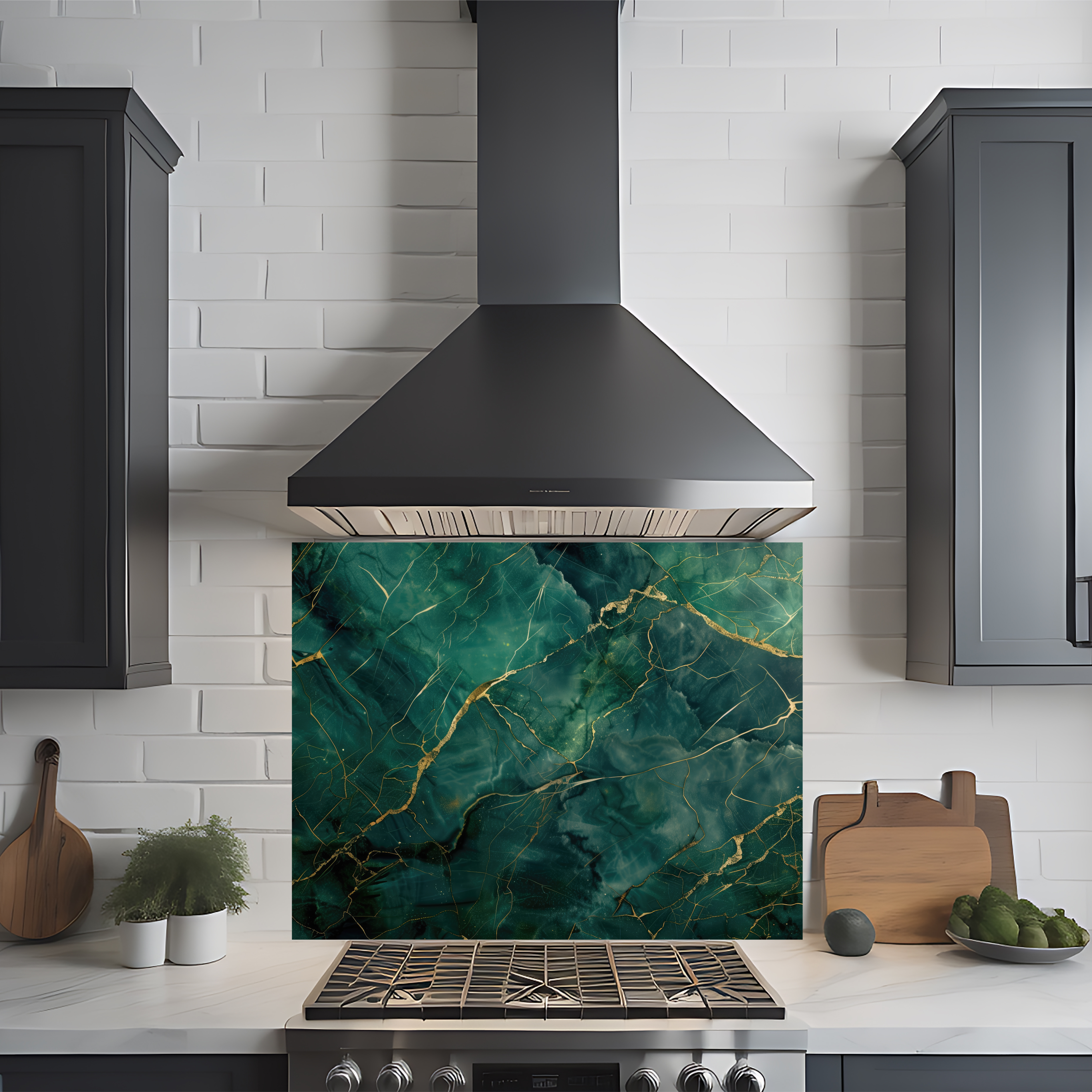 Crédence cuisine imprimée sur dibond effet marbre vert et doré